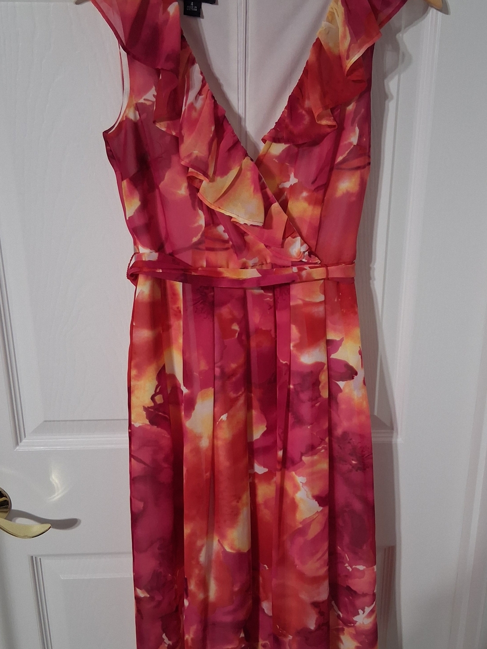 AB Studio Pink and Yellow Floral Ruffle Midi Dress
